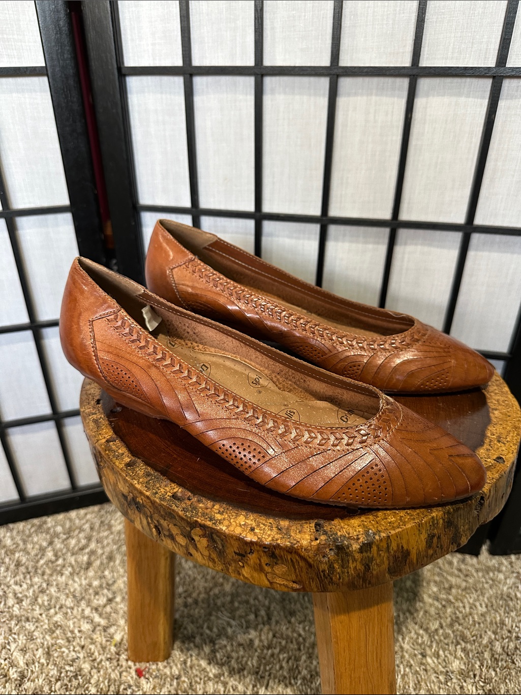 Dr. Scholl's Warm Brown Leather Tooled Leather Ballet Flats Comfort 8.5 Euc